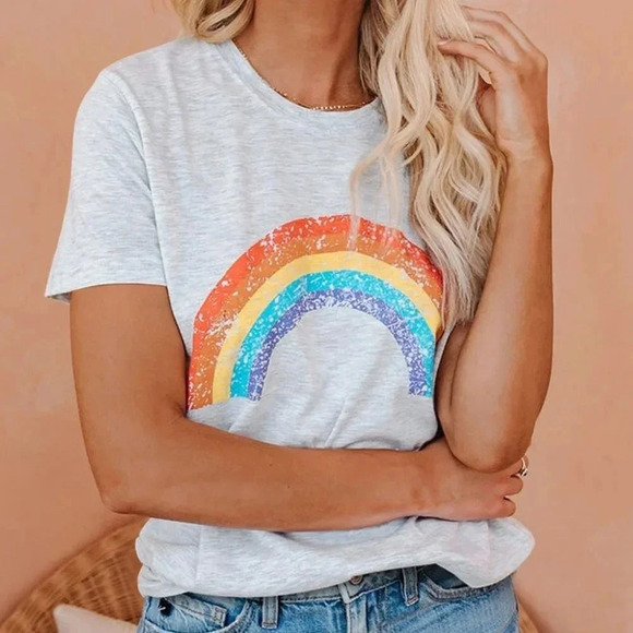 RAINBOW NEW WOMENS GRAY TSHIRT TEE TOP SHIRT SUMMER CASUAL TEE SPRING SIZE L - Picture 1 of 2